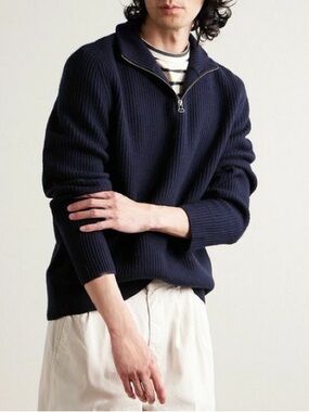 A.P.C. - Alex Slouchy Ribbed 100% Virgin Wool Half-Zip Size XS Sweater - Blue
